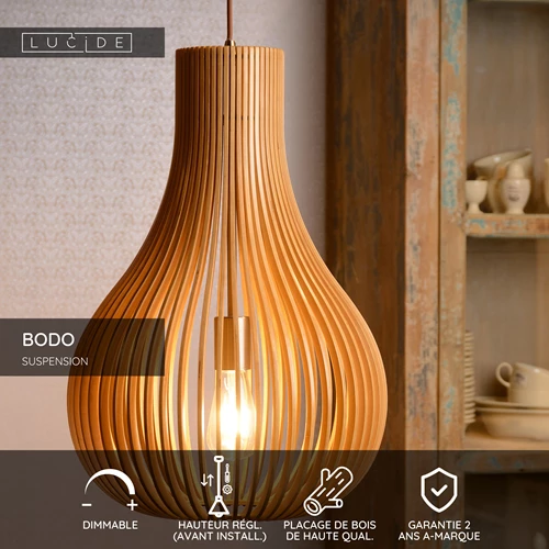 Lucide BODO - Suspension - Ø 38 cm - 1xE27 - Bois clair - USP